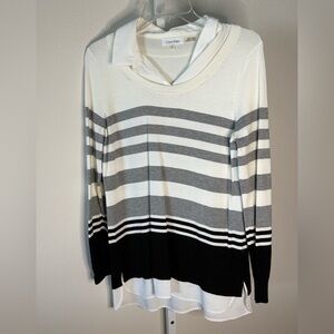 Calvin Klein Women's Striped Shirt-tail Sweater - Black, Gray, and White